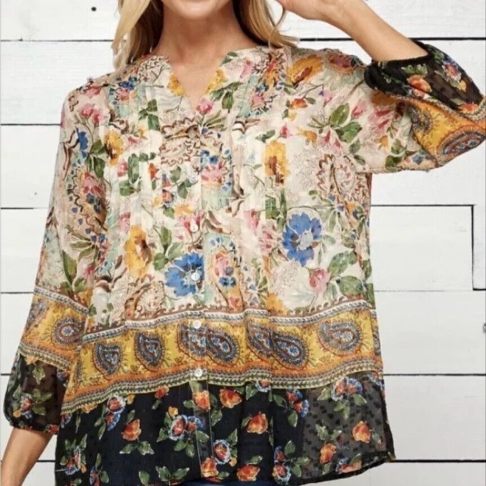 ANTHROPOLOGIE Olive Hill Flowy Boho Shirt Top Chiffon Top Size M Floral Paisley